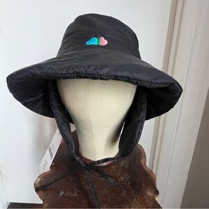 NWT Mosaert Black Puffer Bucket Snow Hat Colorful Logo Design Ear Flaps